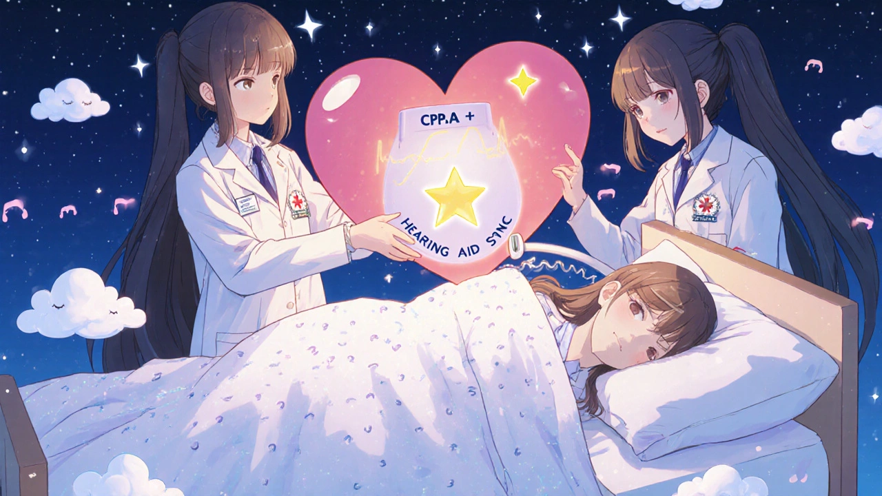 Cartoon doctors use a heart-shaped device to sync hearing aids and CPAP therapy for better sleep.