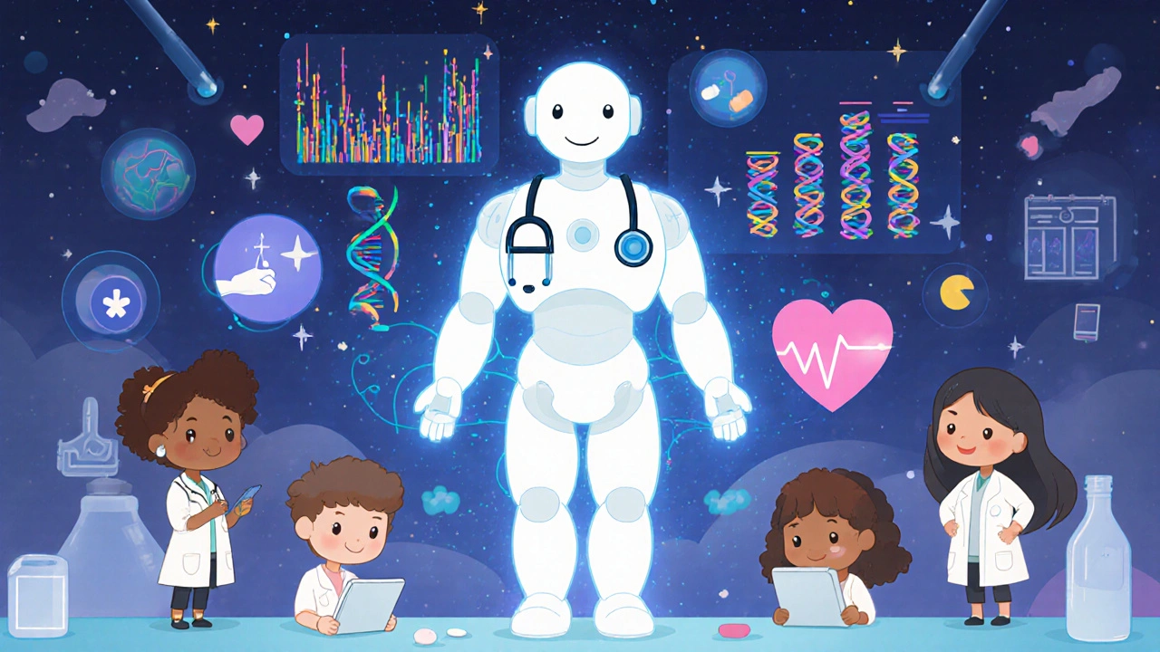 A cute AI robot analyzes a glowing human body with colorful health data, surrounded by diverse patients in a futuristic clinic.