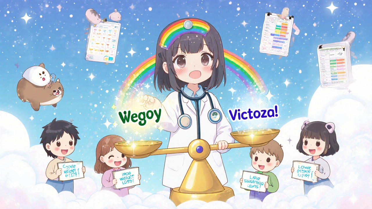 A doctor balancing Wegovy and Victoza on a scale with smiling patients and floating health icons.
