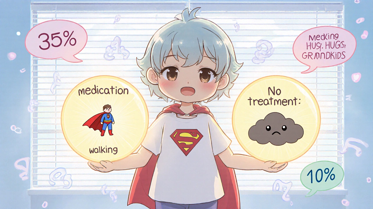 A patient chooses between a medication with positive outcomes and no treatment with negative consequences, shown with glowing numbers and soft light.