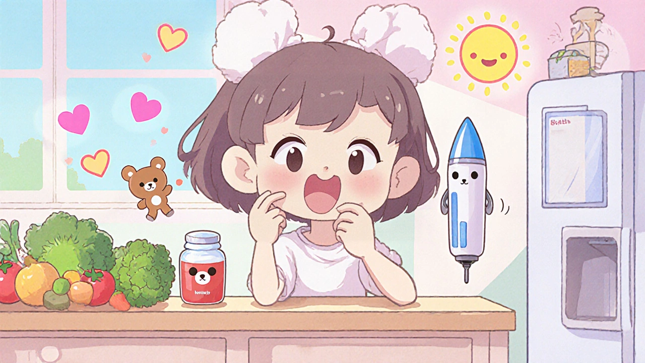 A person taking a metformin pill with dancing fruits and a friendly injection pen in a cozy kitchen.