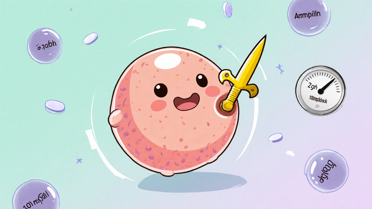 Adorable animated bacteria being broken by ampicillin with dosage info.