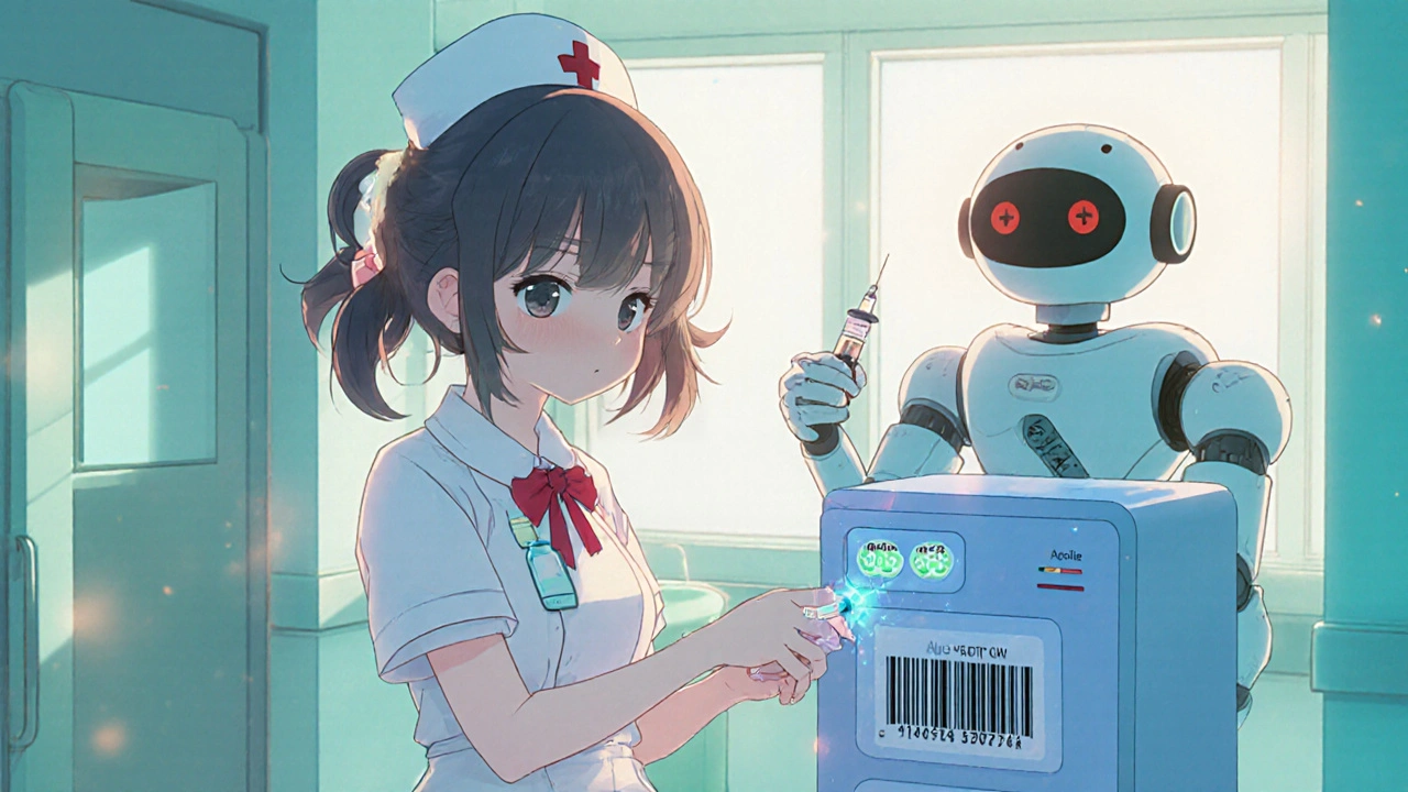 Adorable nurse scanning medication dispenser with glowing timer icons.