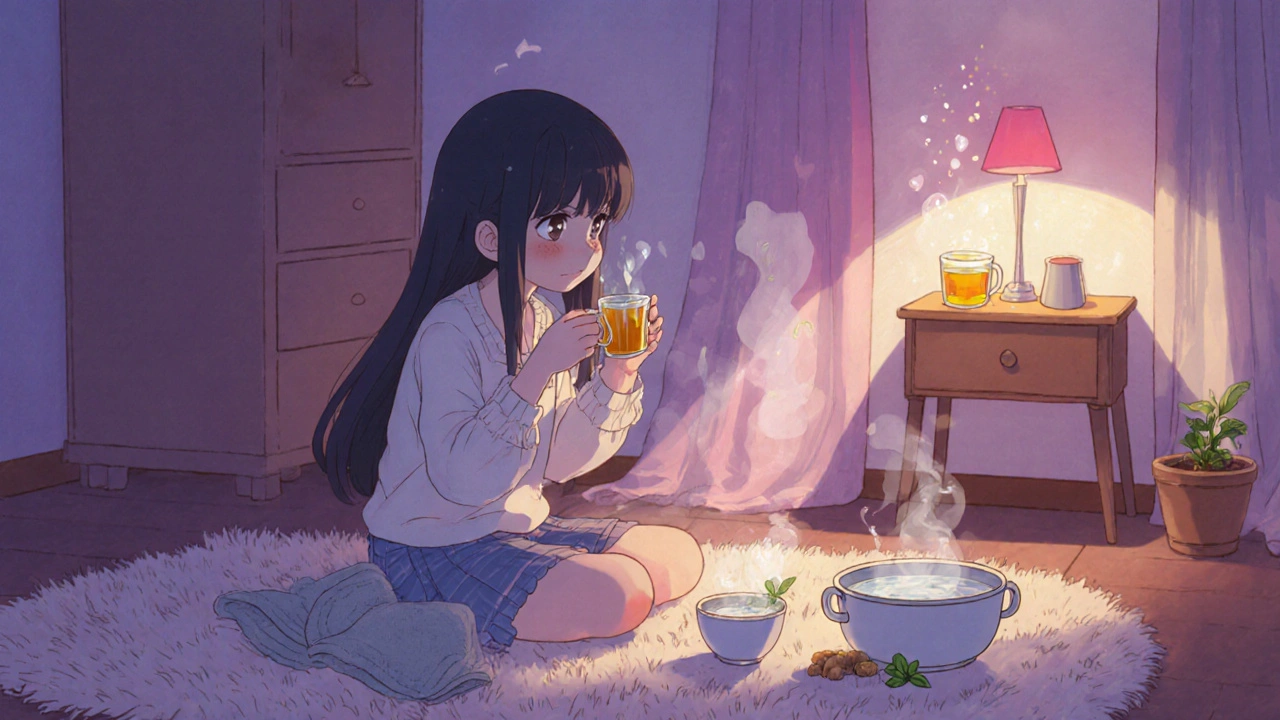 Anime girl enjoying tea and steam inhalation in a cozy bedtime setting.