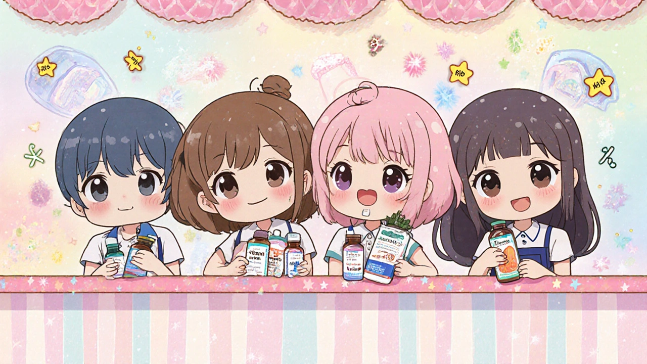 Cartoon characters holding different diabetes meds in a playful line with floating HbA1c stars.