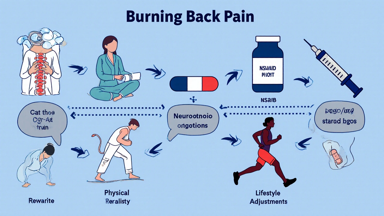 Cartoon flowchart of treatment steps for burning back pain from ice and stretches to therapy, meds, injection, and exercise.