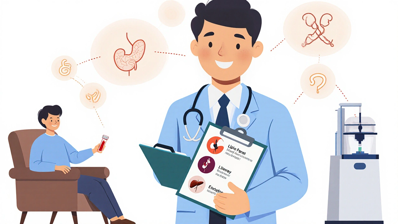 Cartoon scene of a doctor reviewing lab tests and a patient showing mild side effects while on fenofibrate.