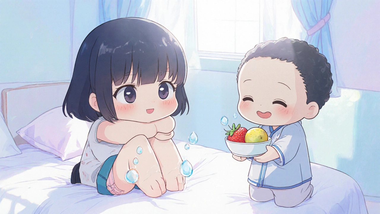 Chibi person with swollen ankles and water droplets, friend offering low‑sodium snack.