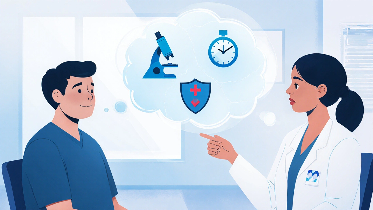 Doctor and patient discussing antibiotics with icons for pathogen, allergy, and dosing.