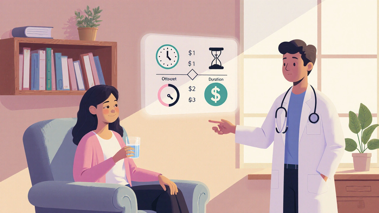 Doctor and patient discussing treatment options in a bright, pastel‑styled office.