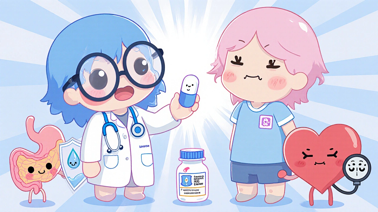Doctor gives indomethacin to patient while friendly stomach, kidney, and heart mascots watch.