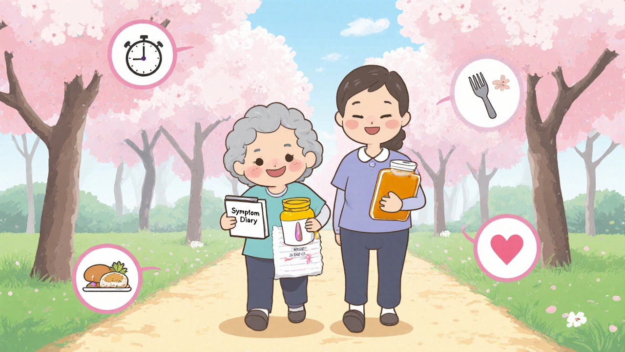 Elderly patient and caregiver walk in a sunny park, holding a symptom diary and pill bottle with supportive icons.