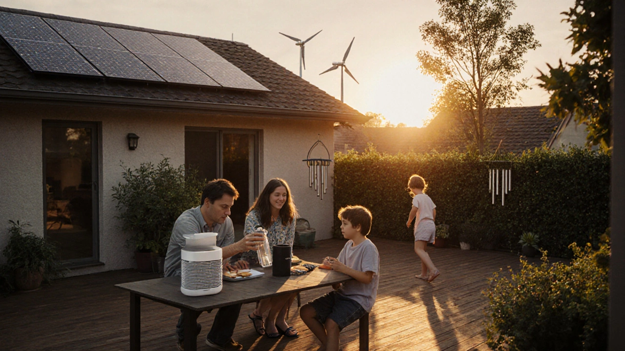 Family practicing healthy habits in a sunny, eco‑friendly courtyard.