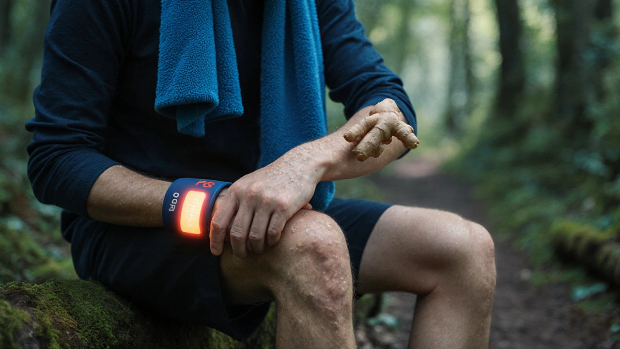 Hiker seated on a log applying an acupressure band, ginger chew, and cold compress.
