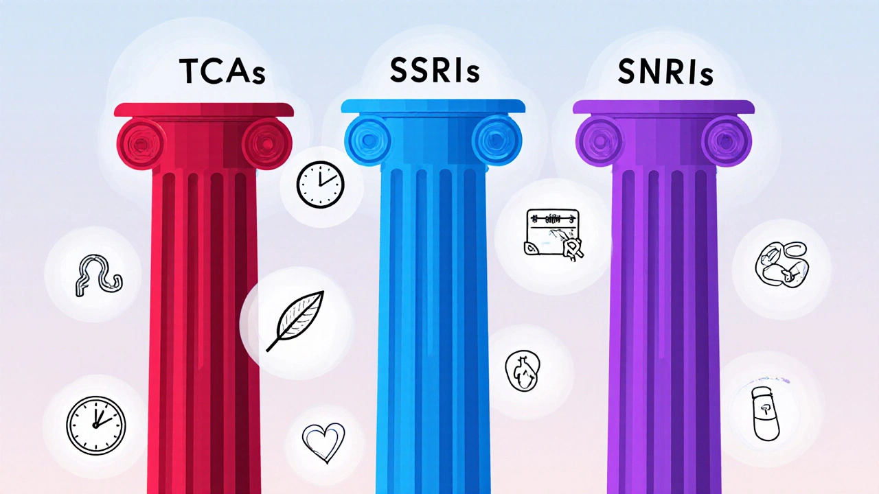 Illustrated pillars with icons showing onset, side effects, and interactions for each drug class.