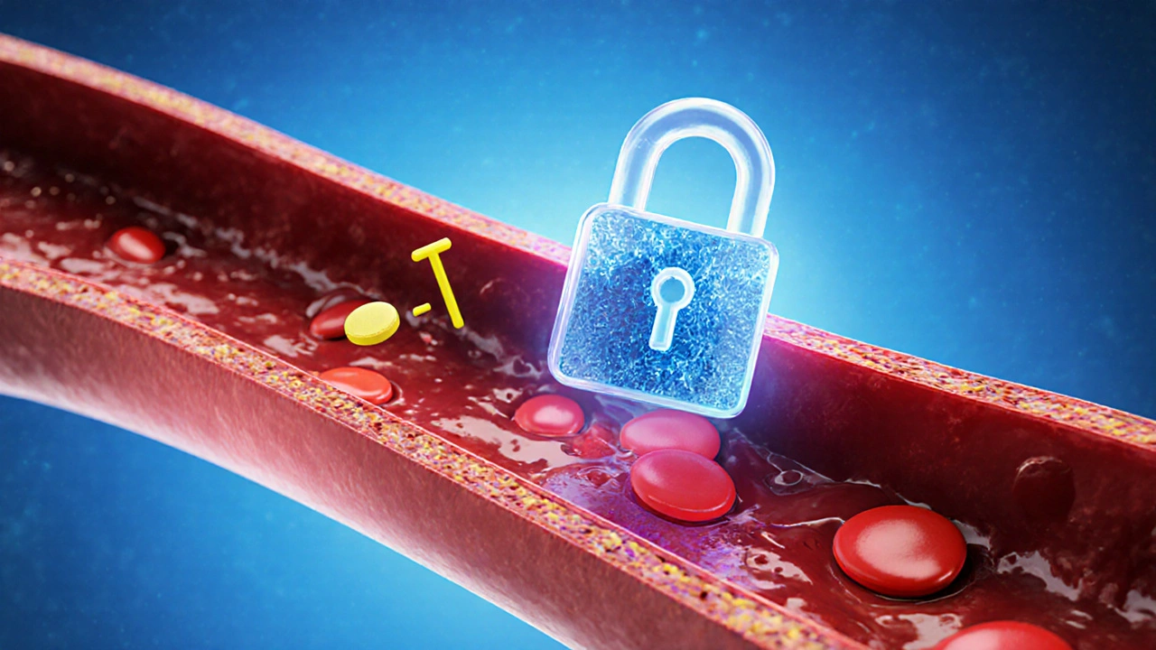 Illustration shows aspirin blocking COX‑1 enzyme in an artery, preventing clot formation.