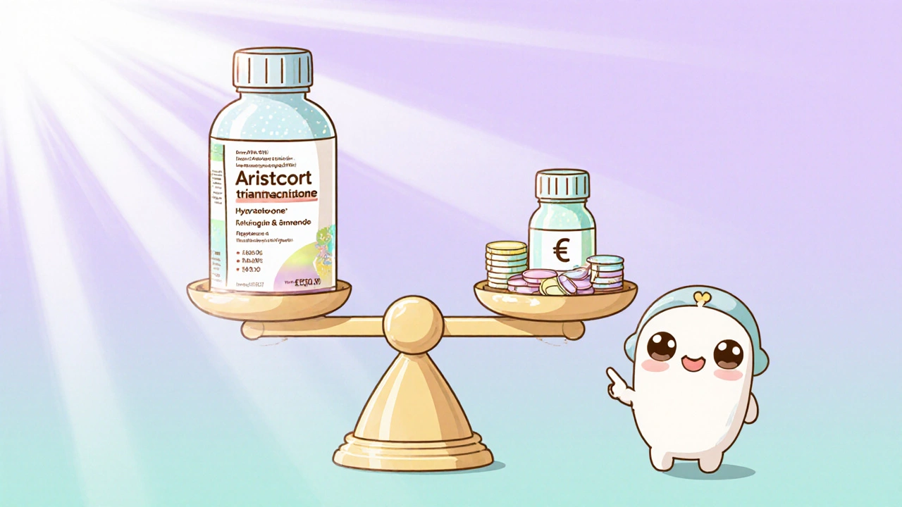 Kawaii balance scale showing triamcinolone bottle versus hydrocortisone bottle and coins.