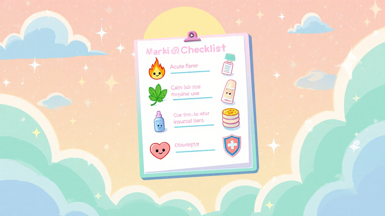 Kawaii checklist with icons for acute, chronic, topical, nasal, insurance, and comorbidities.