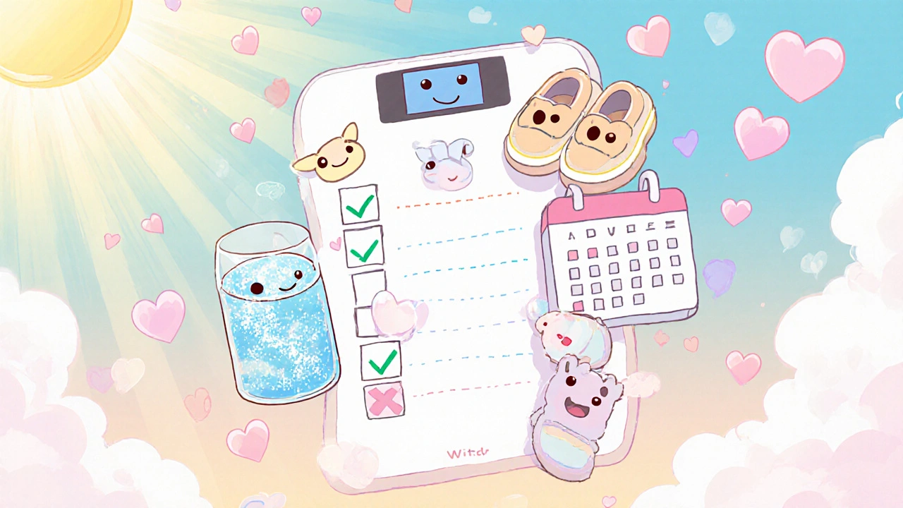 Kawaii checklist with scale, water glass, walking shoes, and calendar in pastel colors.