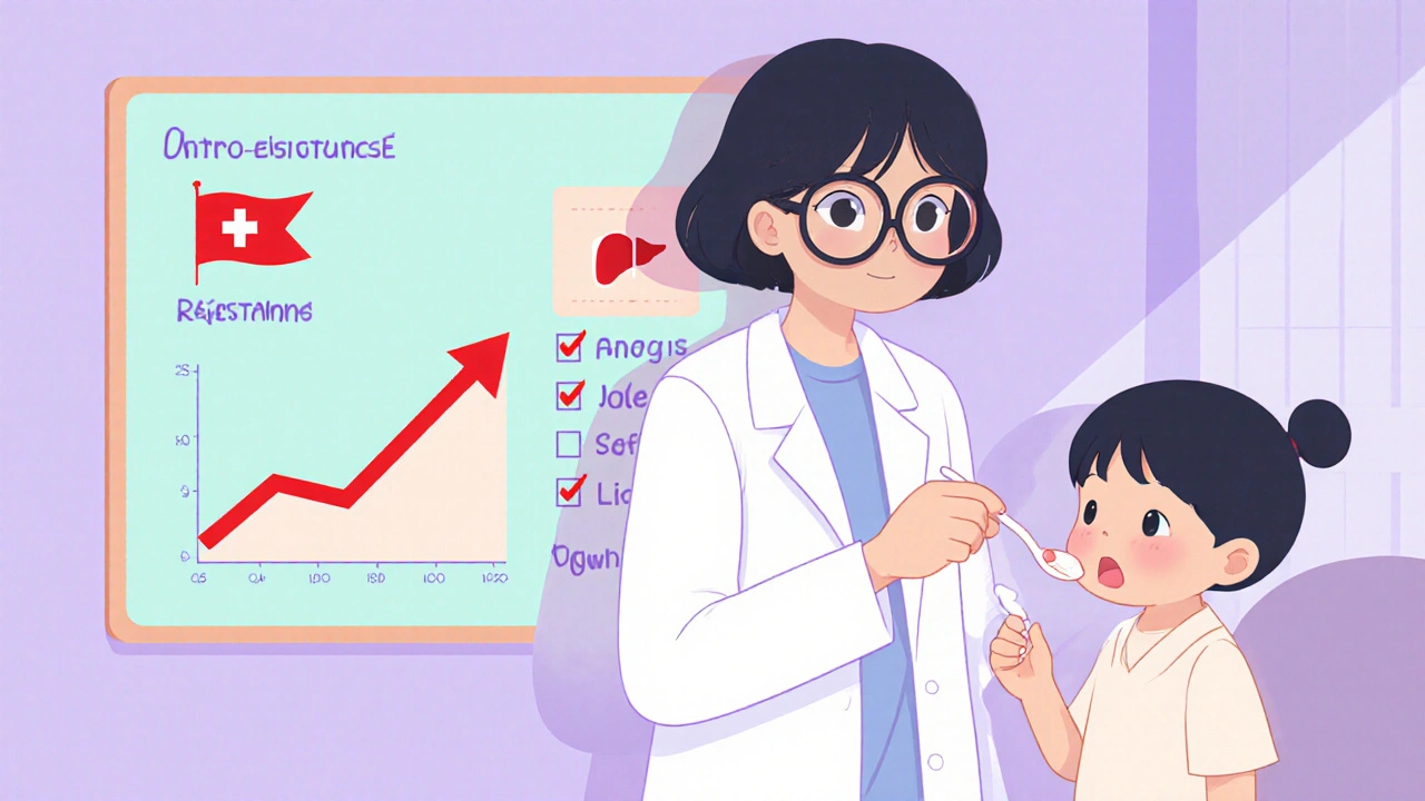 Kawaii doctor and child discussing antibiotic resistance with safety icons.