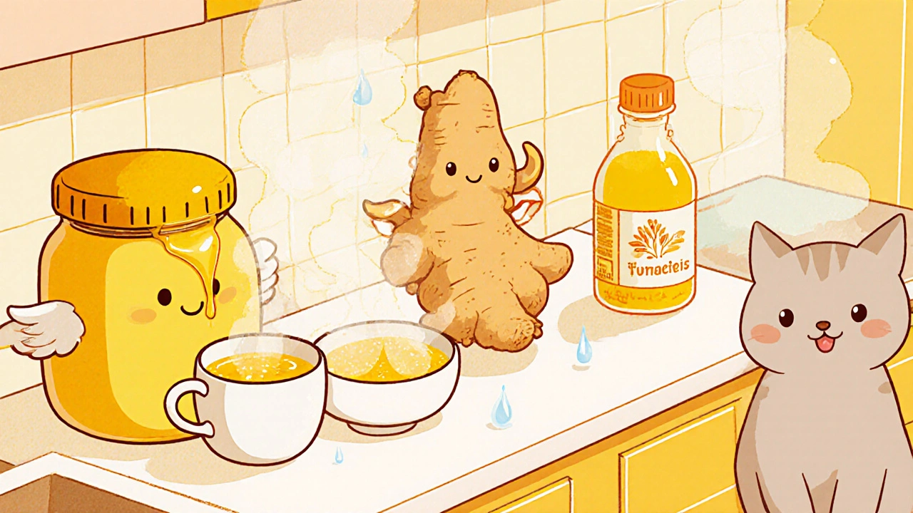Kawaii kitchen with smiling honey jar, ginger, turmeric, and steaming bowl.
