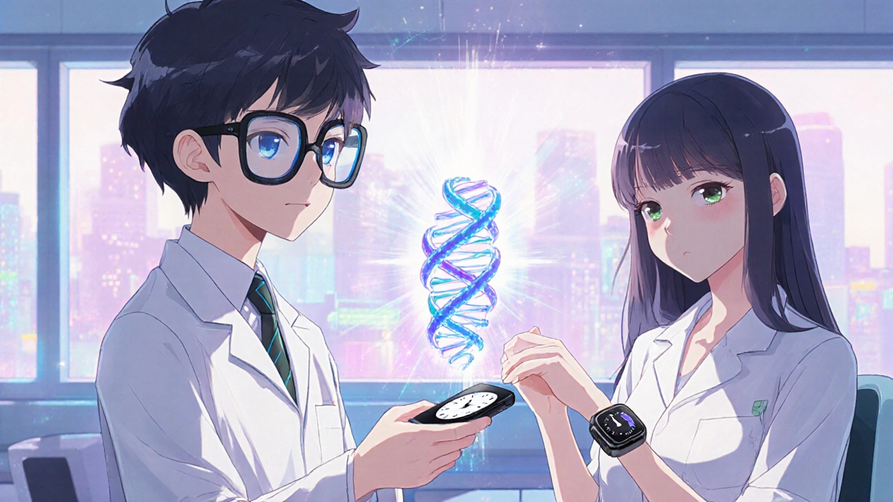 Kawaii scientist with DNA helix clock and patient with smartwatch.