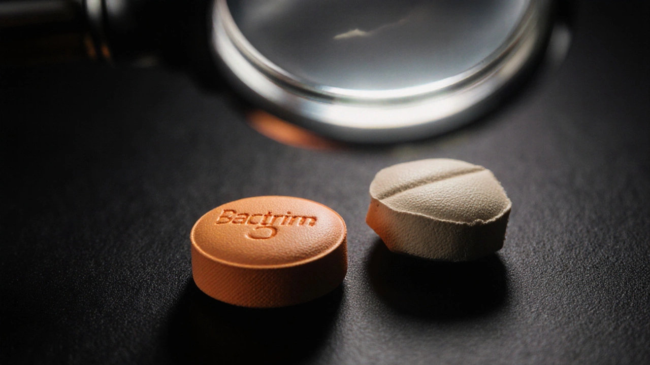 Macro view of an authentic orange Bactrim tablet beside a misshapen, discolored counterfeit pill.