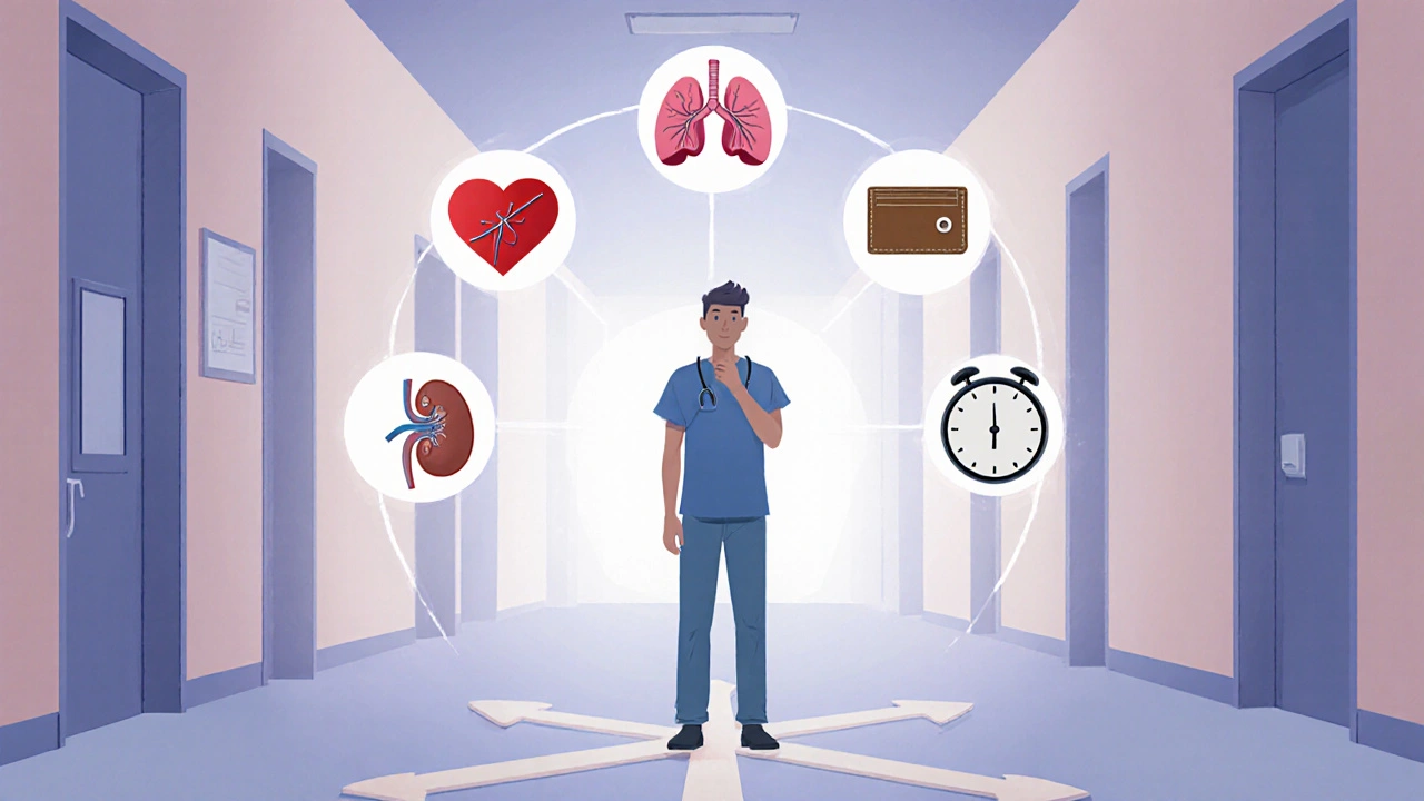 Patient at a crossroads with icons for heart, lungs, kidneys, cost, and dosing schedule.