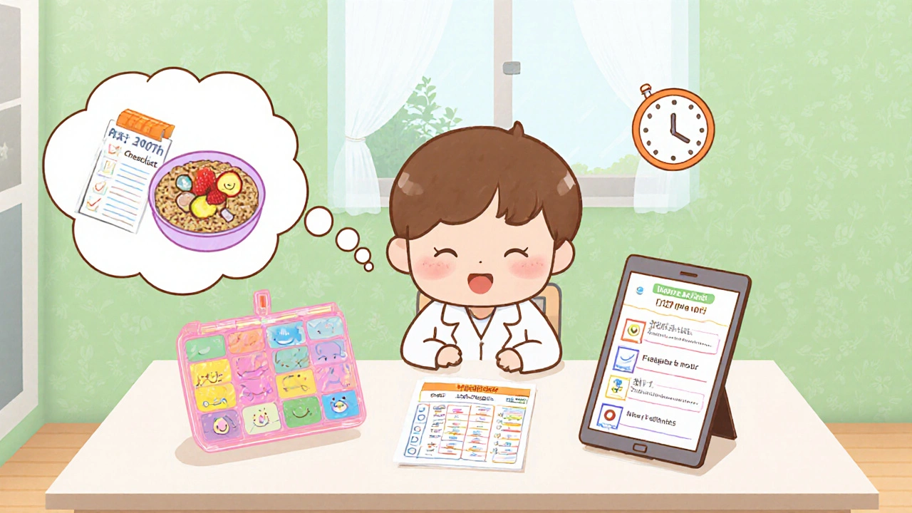 Patient at kitchen table with pill organizer, checklist, tablet reminder app, and low‑protein breakfast.