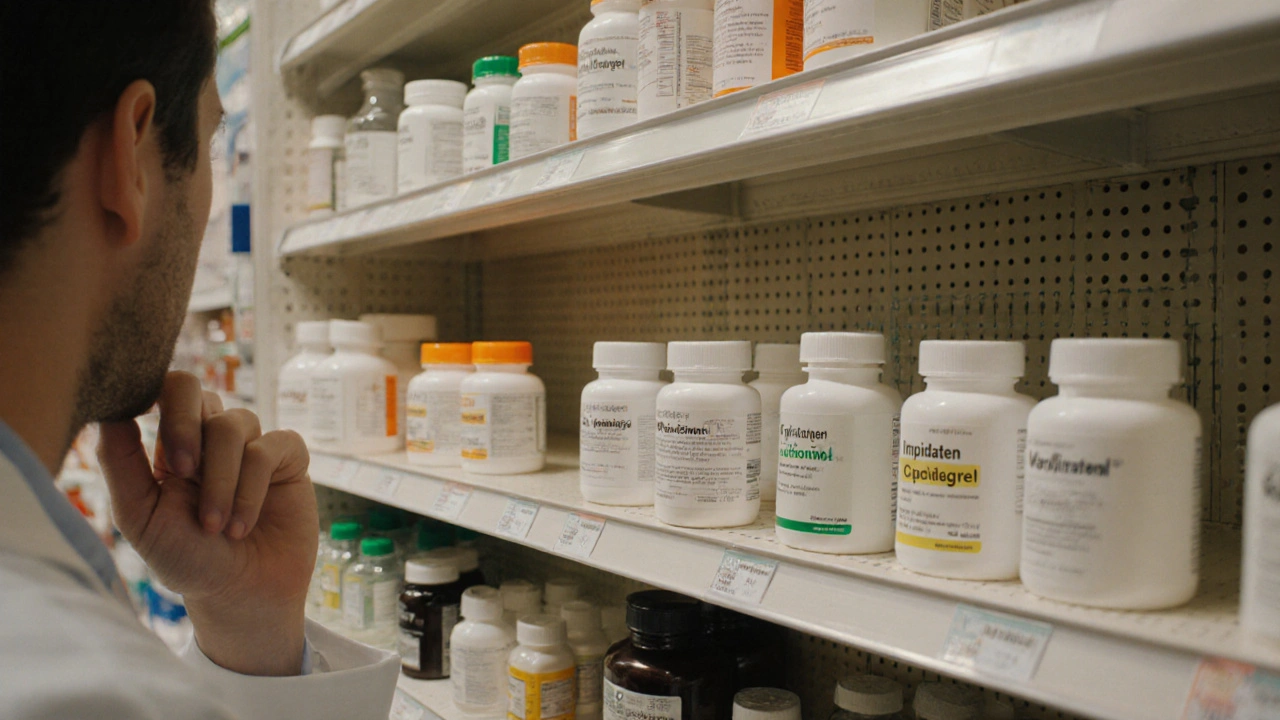 Person chooses among different medication bottles on a pharmacy shelf with a pharmacist.