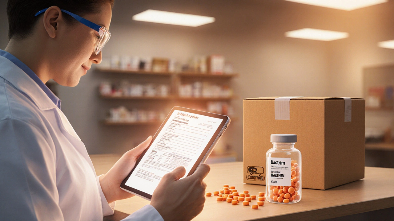 Pharmacist in lab coat examines a scanned prescription and places a bottle of generic Bactrim into a shipping box.