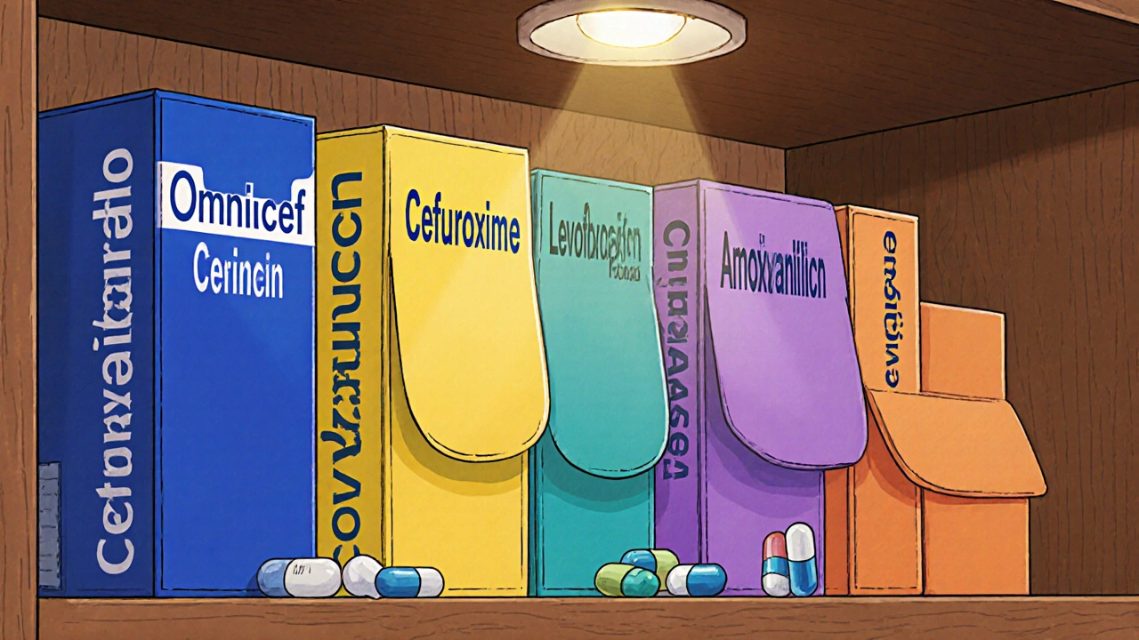 Pharmacist shelf displaying various antibiotic boxes and capsules in different colors.