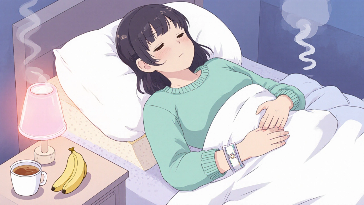 Pregnant woman side‑sleeping with pillows, ginger tea and snack on nightstand, kawaii illustration.