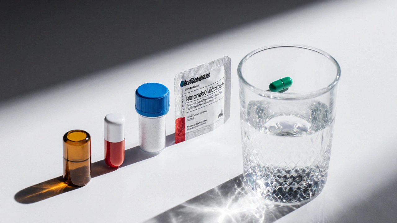 Row of different mucolytic pills and a glass of water on a white clinical tray.