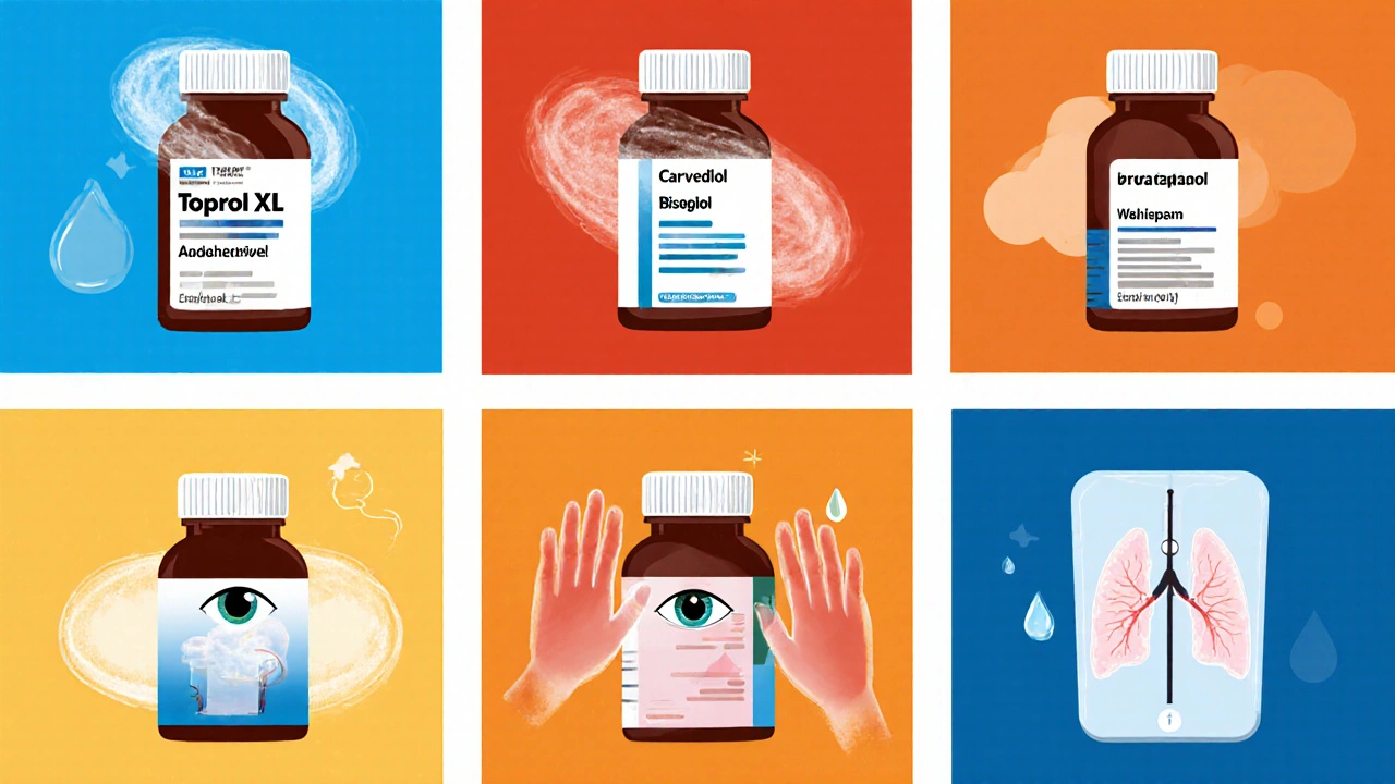 Six medication bottles each surrounded by visual symbols of their side effects.