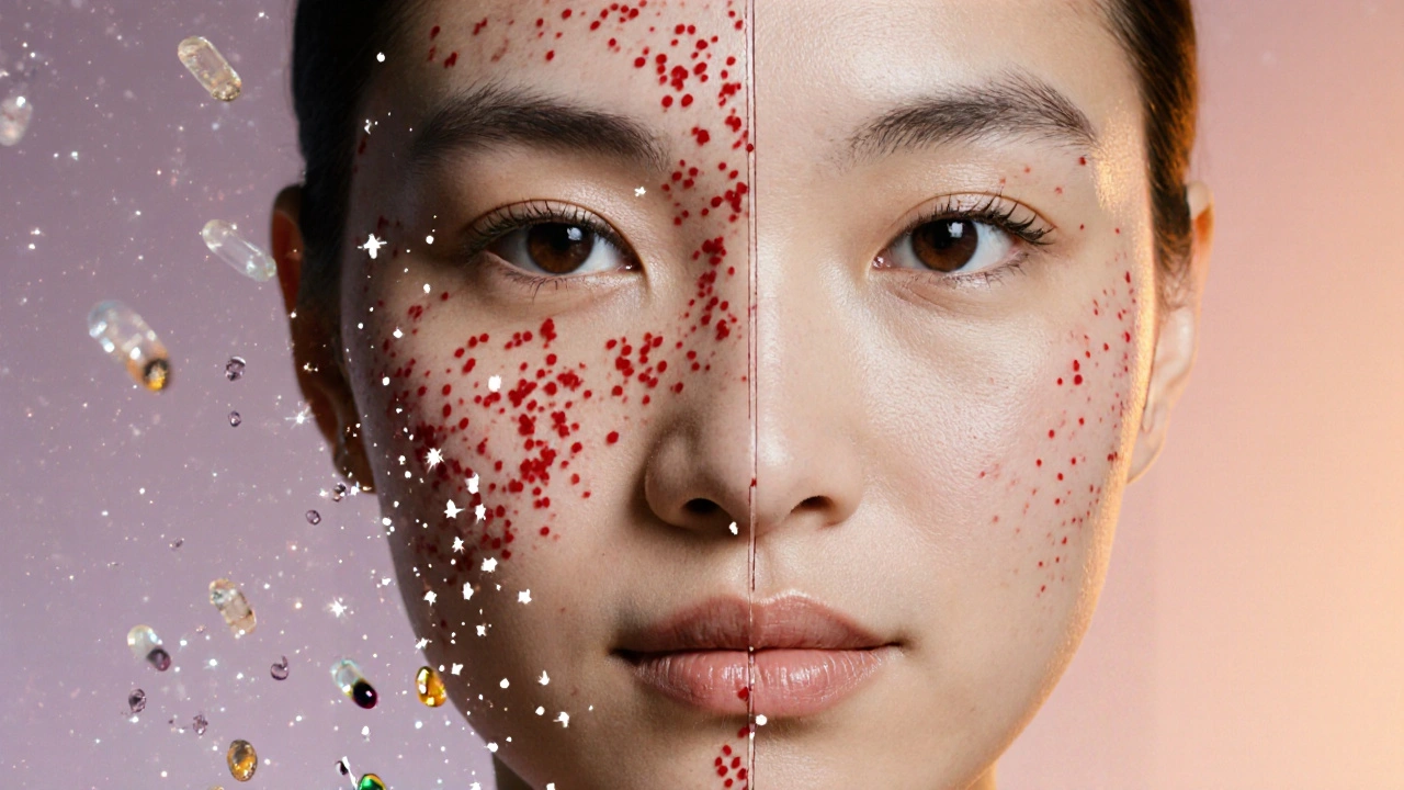 Split‑face close‑up showing acne on one side and clear, glowing skin on the other.