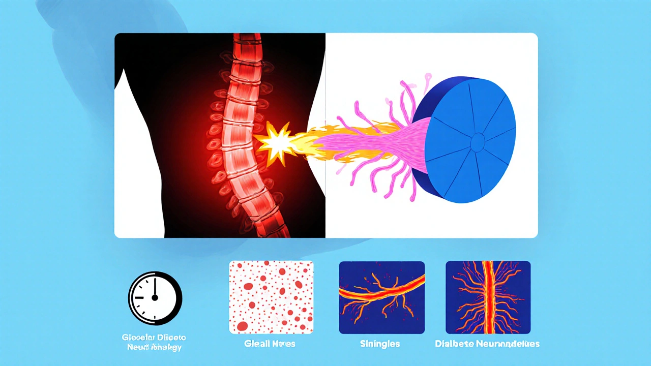 Split-screen cartoon showing muscle strain, disc pressure on a nerve, diabetic nerve pain, and shingles rash as causes.