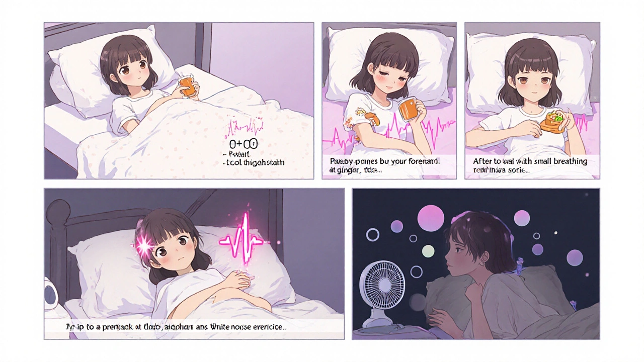 Storyboard of pregnant woman’s bedtime routine: left side sleep, snack, ginger tea, acupressure, cool room, breathing, in cute anime style.