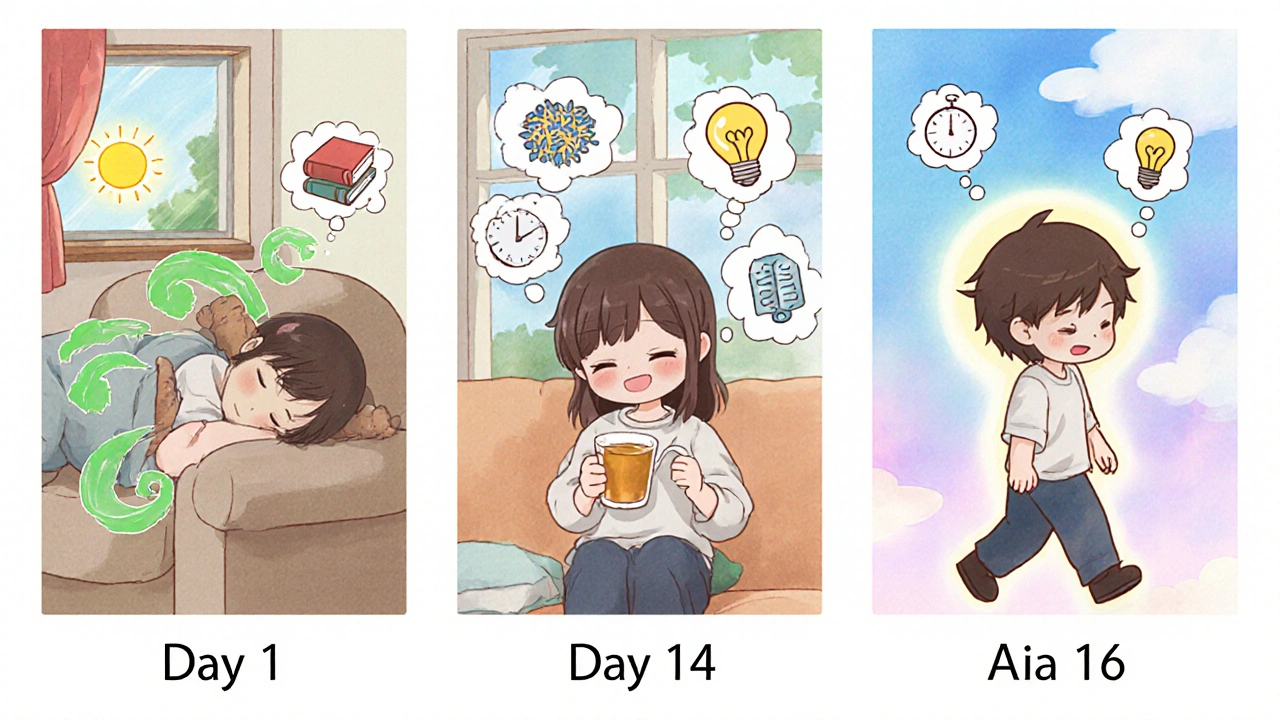 Timeline showing nausea fading over 14 days as mental clarity returns