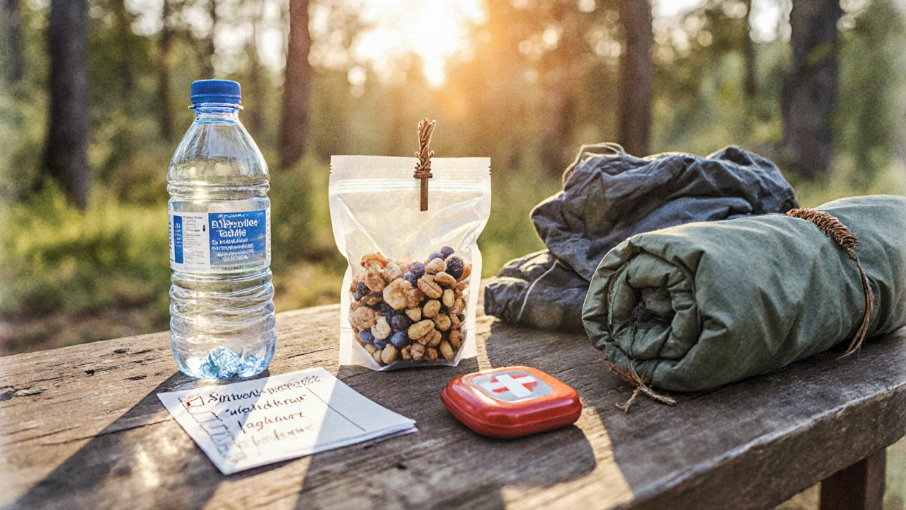 Water bottle, snack, jacket, and checklist arranged on a campsite table in watercolor style.