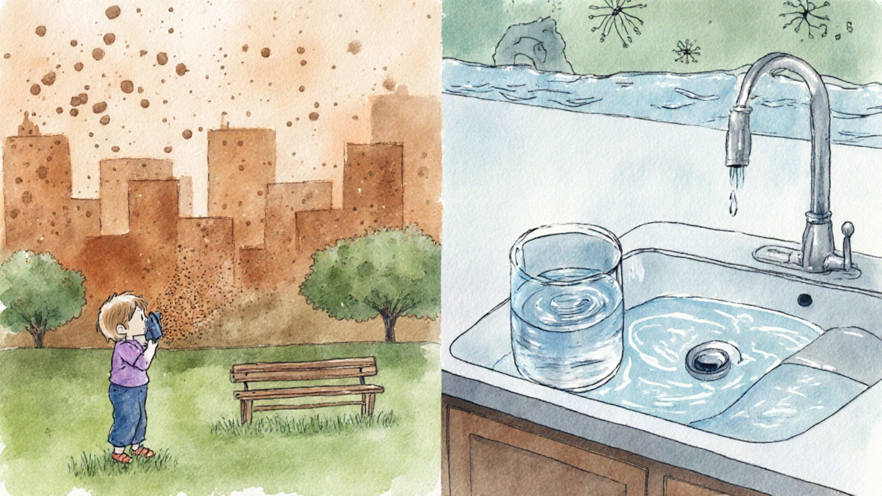 Watercolor split scene of polluted city air and contaminated tap water.