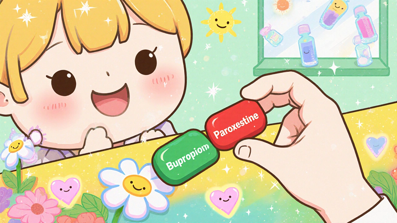 A character swapping a high-risk antidepressant pill for a better alternative in a colorful pharmacy.