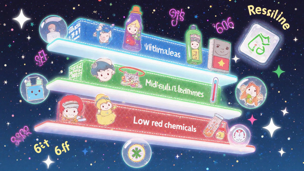 A colorful diagram showing three safety zones for medicines, cleaners, and chemicals with glowing separation and happy icons.