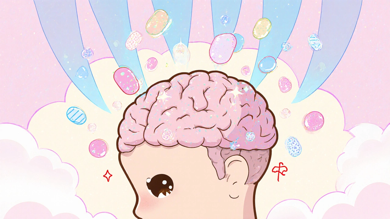 A cute cartoon brain being overwhelmed by candy-like sedative droplets, synapses dimming softly.