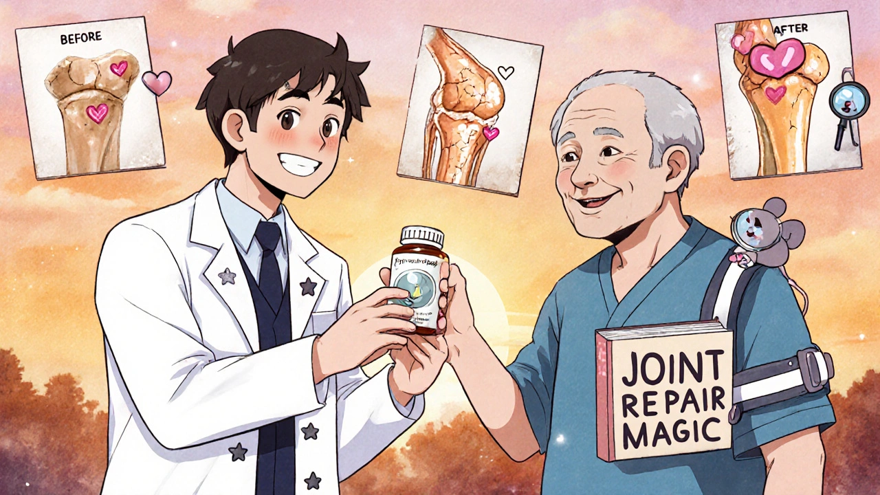 A doctor gives a pill bottle to an elderly man, with cartoon illustrations of repaired joints nearby.
