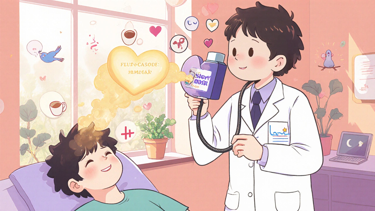 A doctor giving a heart-shaped inhaler to a patient, with calming mist and fading side effect symbols.