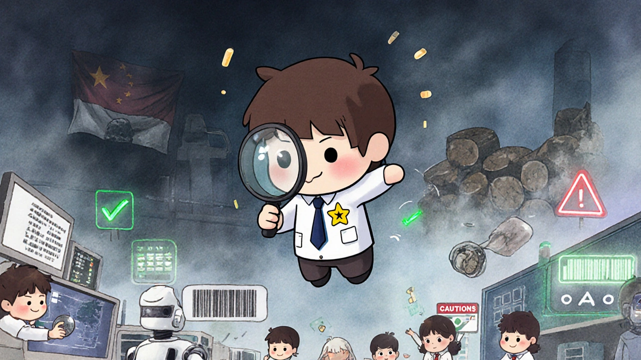 A friendly FDA inspector in a kawaii anime world overseeing a clean, high-tech Indian pharma factory with digital systems and smiling workers.