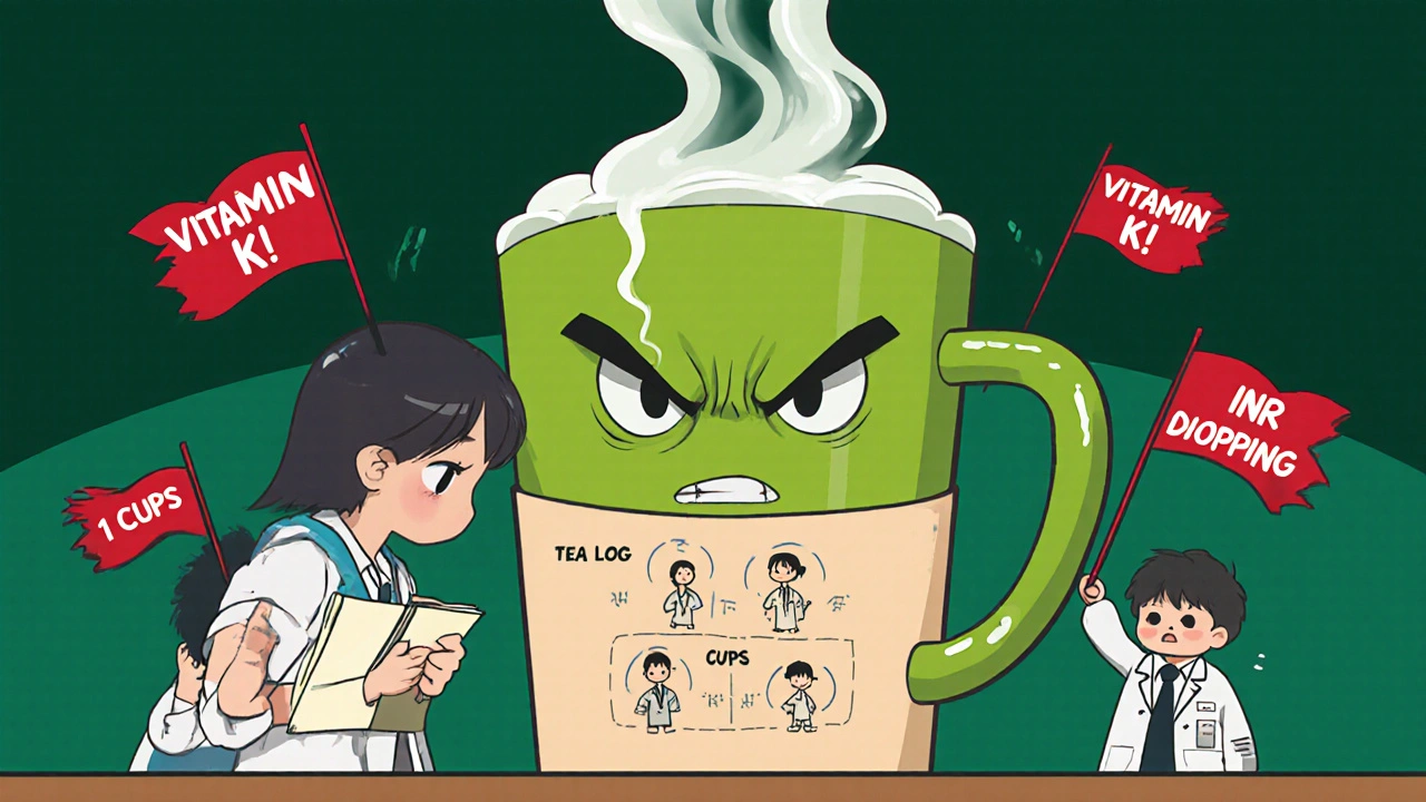 A giant matcha latte with a scary face causes an INR drop, while a patient holds a tea log in a dramatic anime scene.