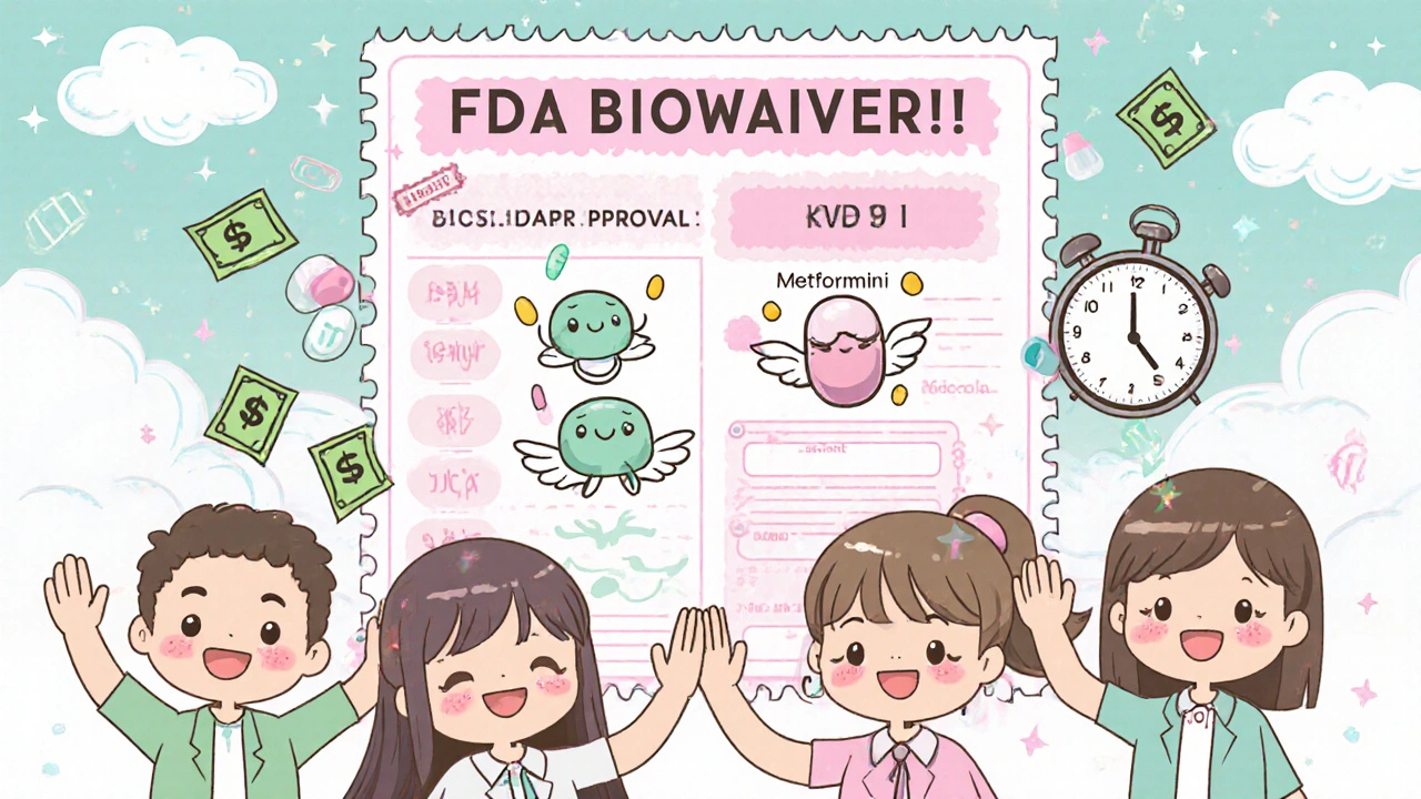 A happy team celebrates an FDA biowaiver approval with BCS Class I pills flying like happy animals.