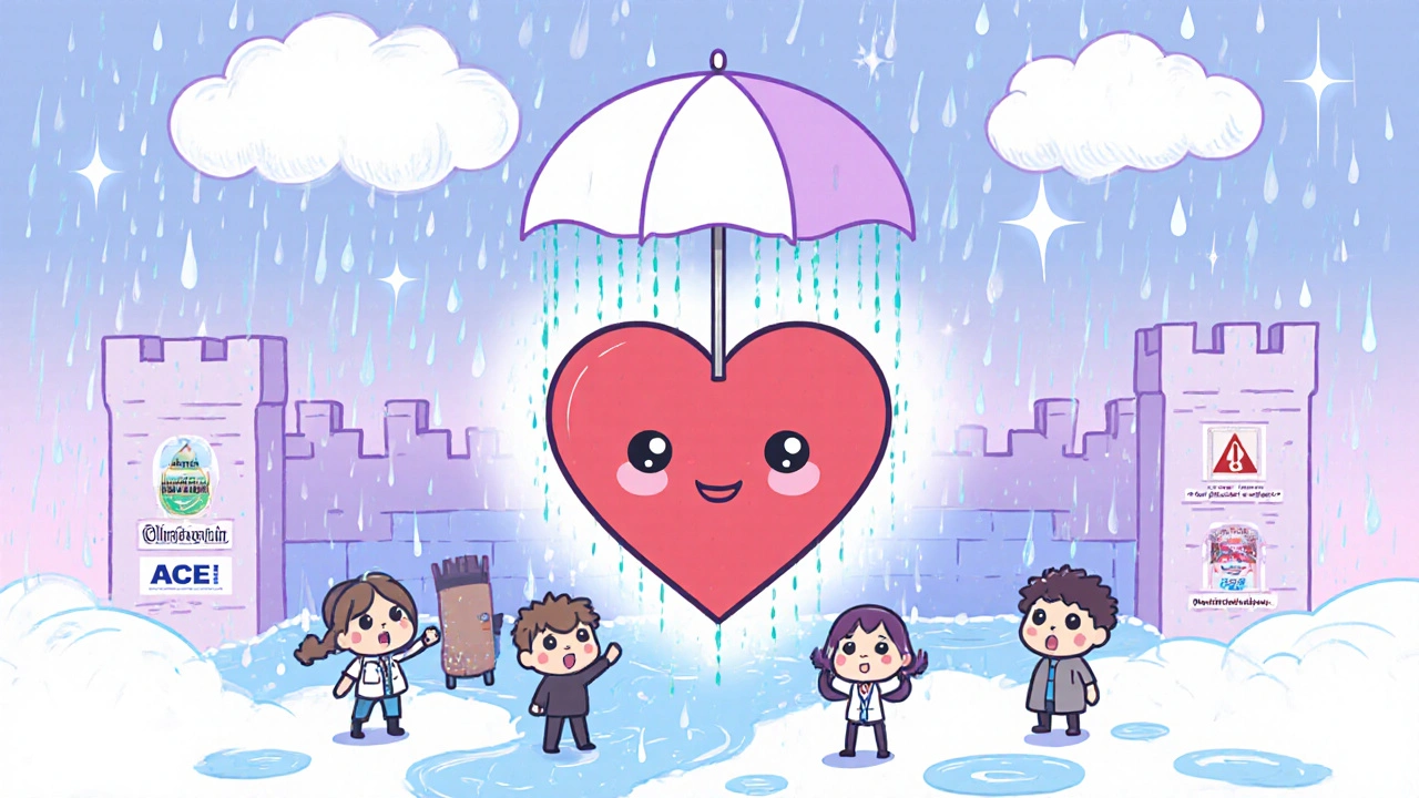 A heart fortress protected by medications as a pill shield lowers high blood pressure rain